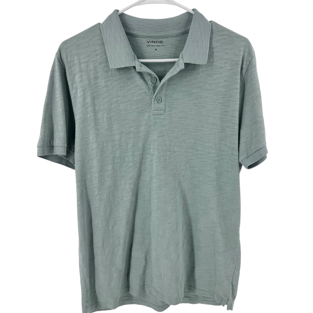 Vince Mens Sage Green Slub Cotton Short Sleeve Polo Shirt Size M Made in Peru - Picture 2 of 9